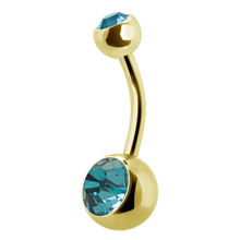 Load image into Gallery viewer, 24k gold PVD navel barbell with a gem on the top and bottom ball
