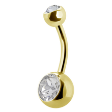 Load image into Gallery viewer, 24k gold PVD navel barbell with a gem on the top and bottom ball
