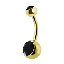 Load image into Gallery viewer, 24k gold PVD navel barbell with a gem on the top and bottom ball
