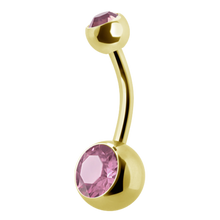 Load image into Gallery viewer, 24k gold PVD navel barbell with a gem on the top and bottom ball
