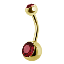 Load image into Gallery viewer, 24k gold PVD navel barbell with a gem on the top and bottom ball

