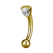 Load image into Gallery viewer, 24k gold PVD curved micro bar with a plain ball at the bottom and a prong-set gem at the top
