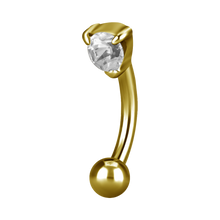 Load image into Gallery viewer, 24k gold PVD curved micro bar with a plain ball at the bottom and a prong-set gem at the top
