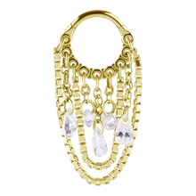 Load image into Gallery viewer, A 24k gold pvd surgical steel hinged ring with connected chains and dangly cubic zirconia charms designed for earlobe or helix piercings.
