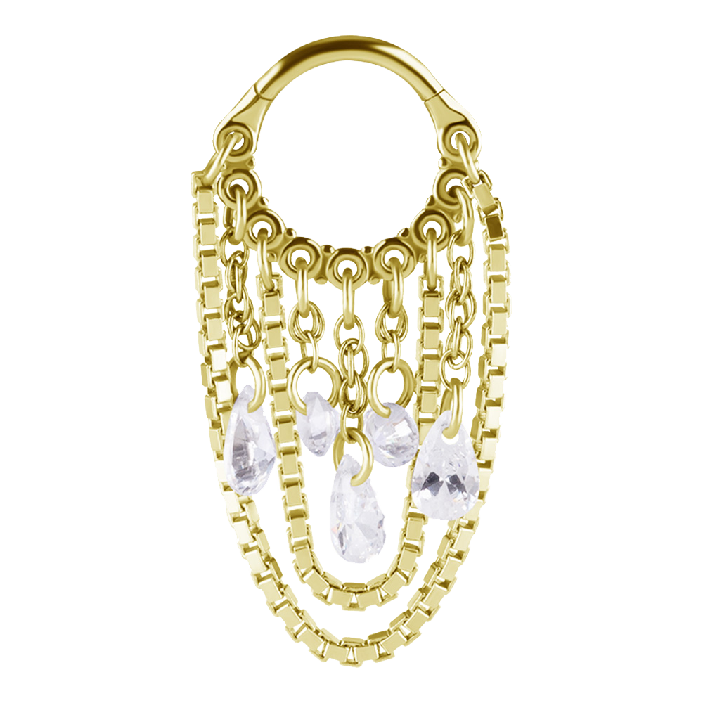 A 24k gold pvd surgical steel hinged ring with connected chains and dangly cubic zirconia charms designed for earlobe or helix piercings.