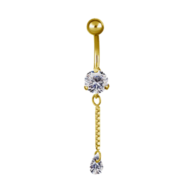 24k gold navel bar with a white prong-set cubic zirconia and a long chain with a drop charm connected 