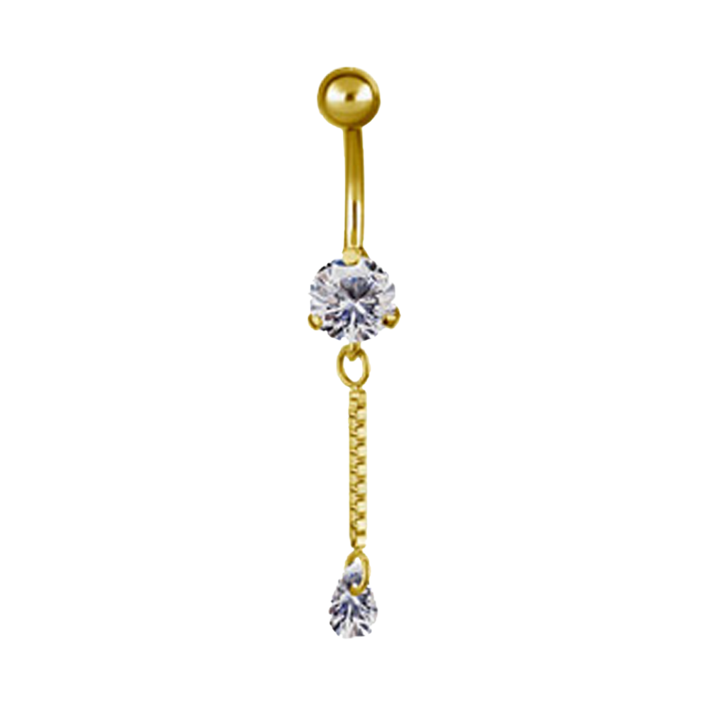 24k gold navel bar with a white prong-set cubic zirconia and a long chain with a drop charm connected 
