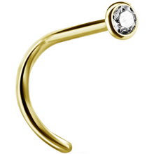 Load image into Gallery viewer, A curved nose stud with a bezel set crystal at the end.
