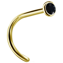 Load image into Gallery viewer, A curved nose stud with a bezel set crystal at the end.
