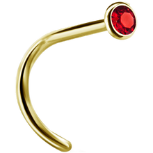 Load image into Gallery viewer, A curved nose stud with a bezel set crystal at the end.
