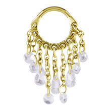 Load image into Gallery viewer, 24k Gold PVD  hinged ring with white cubic zirconia chain dangles
