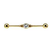 Load image into Gallery viewer, 24k gold PVD surgical steel industrial barbell with a white oval shaped cubic zirconia centred in the bar

