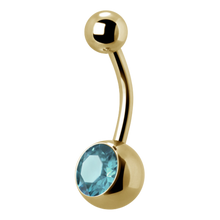 Load image into Gallery viewer, 24k gold PVD Surgical Steel navel bar with a single bottom gem. 1.6x12x5/8mm. Aqua premium crystal
