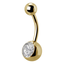 Load image into Gallery viewer, 24k gold PVD Surgical Steel navel bar with a single bottom gem. 1.6x12x5/8mm White premium crystal
