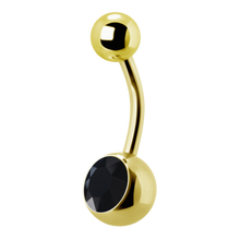 Load image into Gallery viewer, 24k gold PVD Surgical Steel navel bar with a single bottom gem. 1.6x12x5/8mm. Black premium crystal
