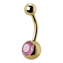 Load image into Gallery viewer, 24k gold PVD Surgical Steel navel bar with a single bottom gem. 1.6x12x5/8mm. Light rose premium crystal
