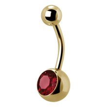 Load image into Gallery viewer, 24k gold PVD Surgical Steel navel bar with a single bottom gem. 1.6x12x5/8mm. Light Siam premium crystal
