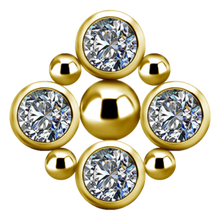 Load image into Gallery viewer, 24k gold PVD titanium Internally threaded attachment with four white premium zirconias with a small plain ball between, centred around a larger plain ball
