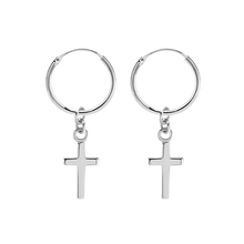 Load image into Gallery viewer, 925 sterling silver sleeper earrings with a cross charm.
