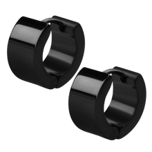 Load image into Gallery viewer, A pair of wide black PVD stainless steel huggie earrings with flat edge
