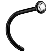 Load image into Gallery viewer, A curved nose stud with a bezel set crystal at the end.
