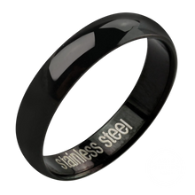 Load image into Gallery viewer, A plain black stainless steel thin band ring with rounded edges and the text 'stainless steel' engraved on it.
