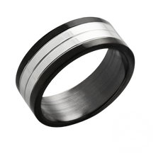 Load image into Gallery viewer, Silver steel ring with black edges on transparent background
