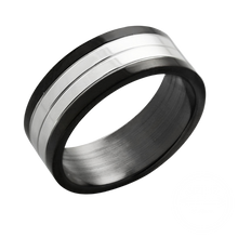 Load image into Gallery viewer, Silver steel ring with black edges on transparent background
