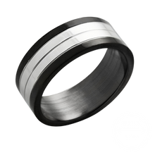 Load image into Gallery viewer, Black steel band with a steel centre and a four groove design.
