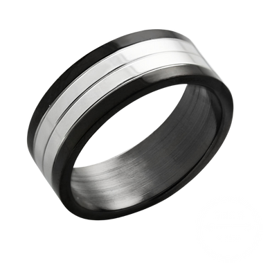 Black steel band with a steel centre and a four groove design.