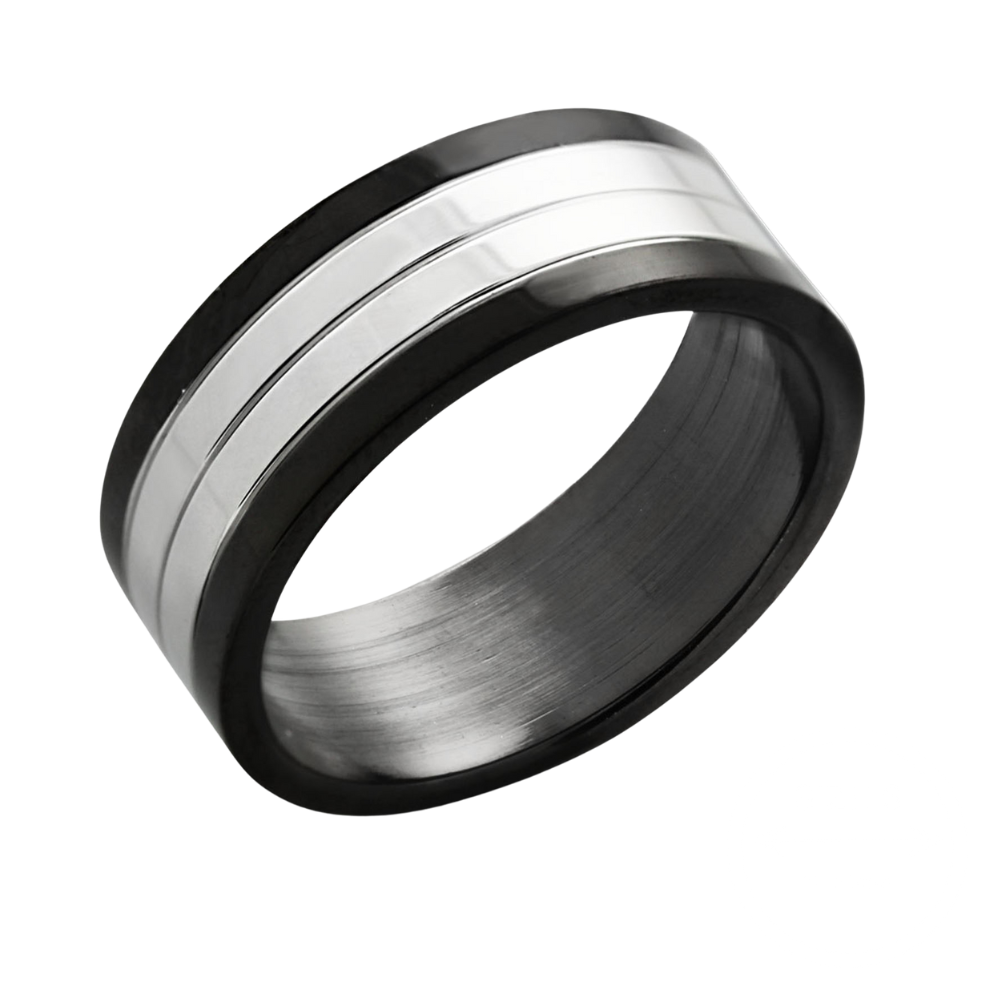 Black steel band with a steel centre and a four groove design.