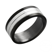 Load image into Gallery viewer, Silver steel ring with black edges on transparent background

