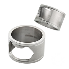 Load image into Gallery viewer, A stainless steel bottle opener ring with a matte polished finish, viewed from two angles, one showing the top of the ring with the opening, and the other showing the side profile.
