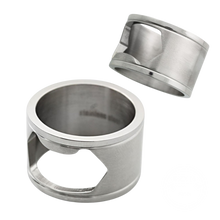 Load image into Gallery viewer, A stainless steel bottle opener ring with a matte polished finish, viewed from two angles, one showing the top of the ring with the opening, and the other showing the side profile.
