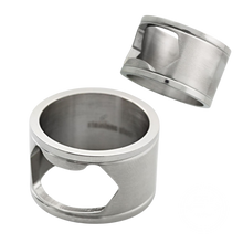 Load image into Gallery viewer, A stainless steel bottle opener ring with a matte polished finish, viewed from two angles, one showing the top of the ring with the opening, and the other showing the side profile.
