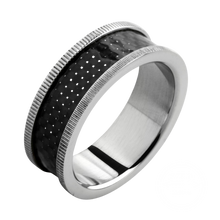Load image into Gallery viewer, A stainless steel ring with black carbon fibre inlay and polished grooved edges.
