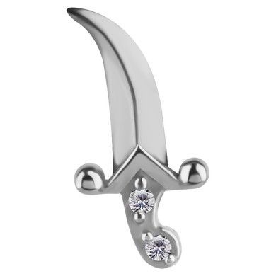 Nickel-free cobalt-chrome internally threaded dagger attachment with a curved blade and white premium zirconia stones on the handle