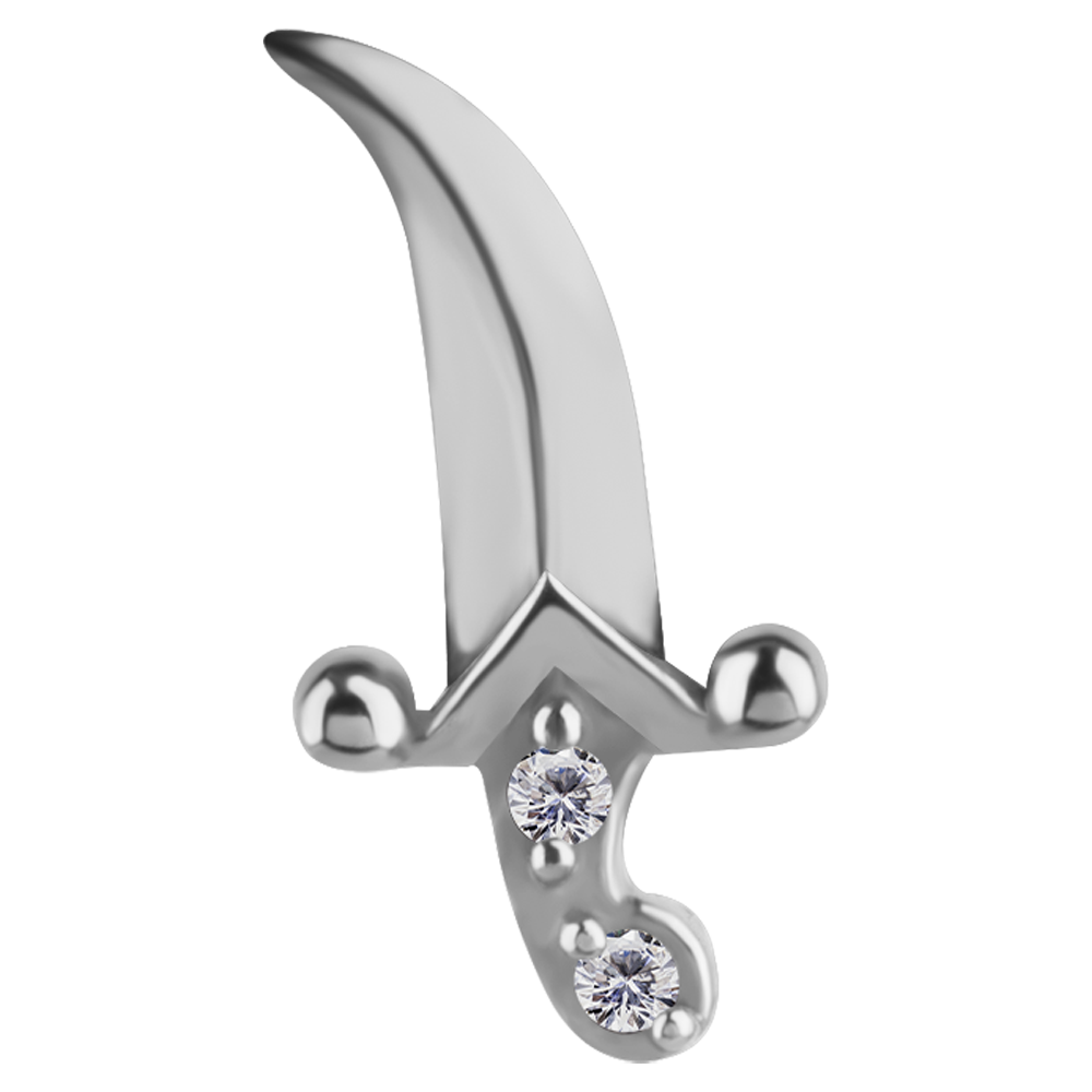 Nickel-free cobalt-chrome internally threaded dagger attachment with a curved blade and white premium zirconia stones on the handle