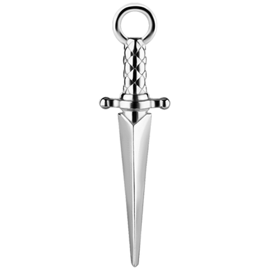 A cobalt-chrome nickel-free dagger-shaped charm with a loop at the top, designed to fit onto a sleeper or hinged ring