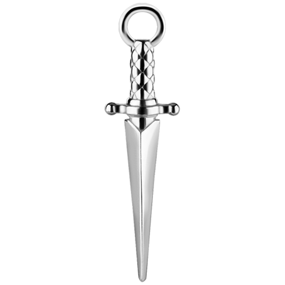 A cobalt-chrome nickel-free dagger-shaped charm with a loop at the top, designed to fit onto a sleeper or hinged ring