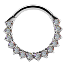 Load image into Gallery viewer, Nickel-free cobalt-chrome forward facing paved prong-set AB premium zirconia hinged clicker ring 
