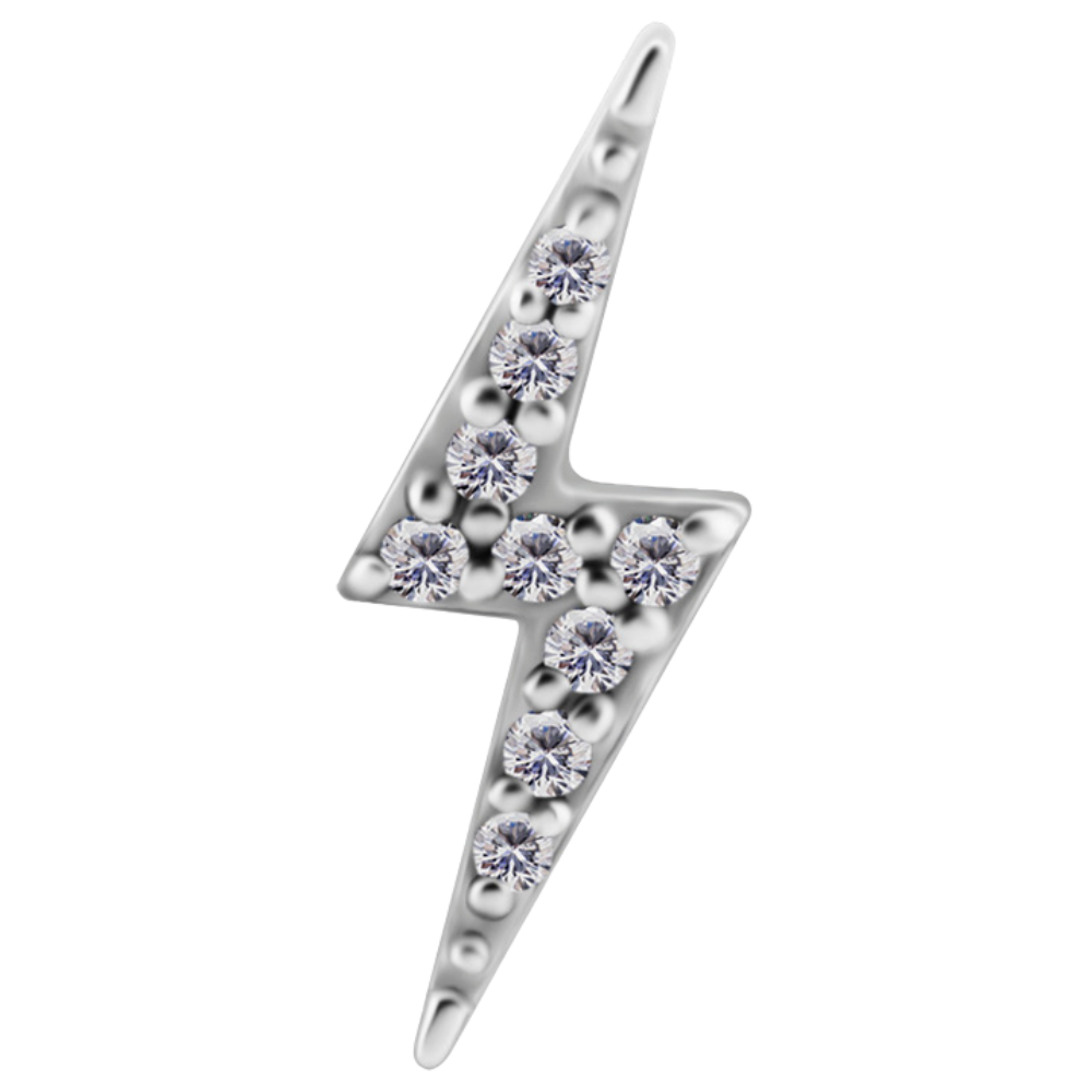 Nickel-free cobalt-chrome lightning bolt internally threaded attachment paved with white premium zirconia stones for the left ear