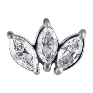 Nickel-free cobalt-chrome internally threaded attachment with three white marquise premium zirconia stones
