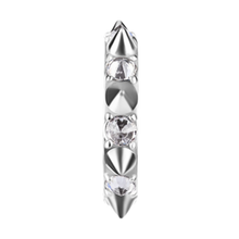 Load image into Gallery viewer, A silver-toned cobalt chrome nickel free hinged ring decorated with multiple sharp conical spikes and clear upside down gemstones, shown on a plain white background.
