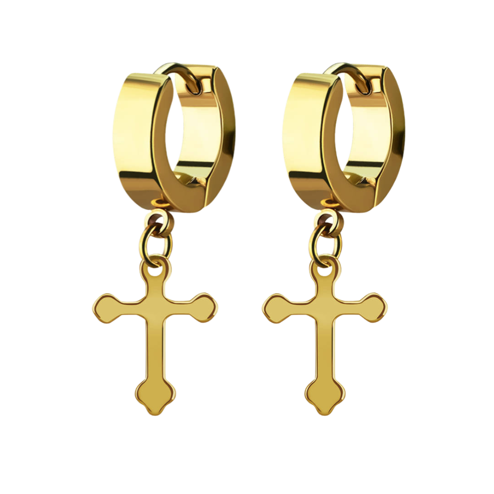 pair of gold PVD stainless steel huggies with a gothic style cross charm