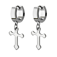 Load image into Gallery viewer, Pair of stainless steel huggies with a gothic style cross charm
