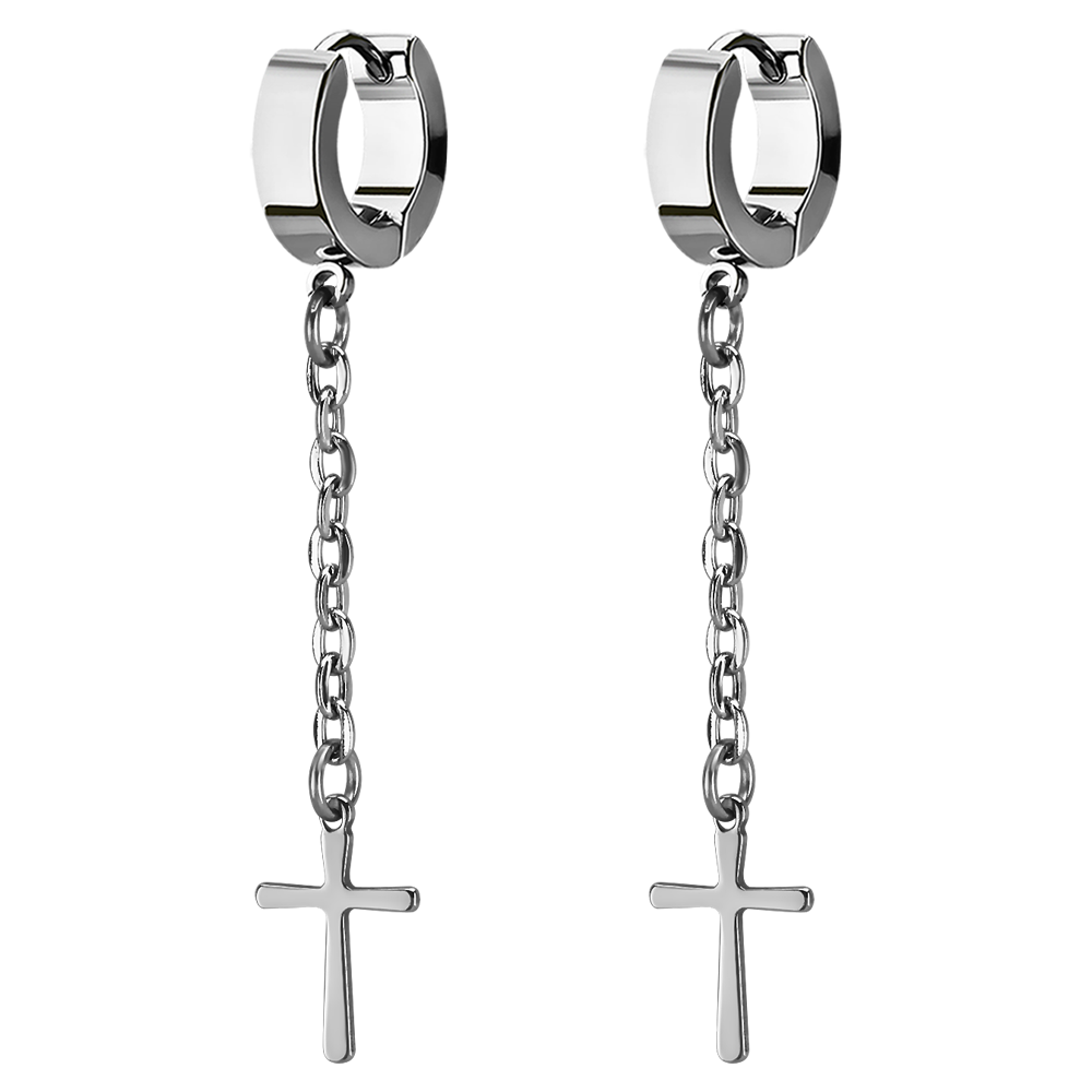 Pair of stainless steel huggies with a long chain and dangly plain crosses