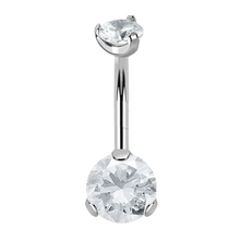 Load image into Gallery viewer, Double prong set navel barbell white cubic zirconias internally threaded titanium on transparent background
