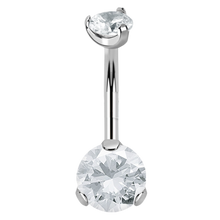 Load image into Gallery viewer, Double prong set navel barbell white cubic zirconias internally threaded titanium on transparent background
