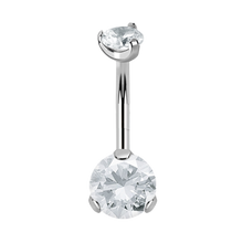 Load image into Gallery viewer, Double prong set navel barbell white cubic zirconias internally threaded titanium on transparent background
